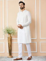 Off White Embroidered Thread Work Sequin Chanderi Silk Straight Kurta