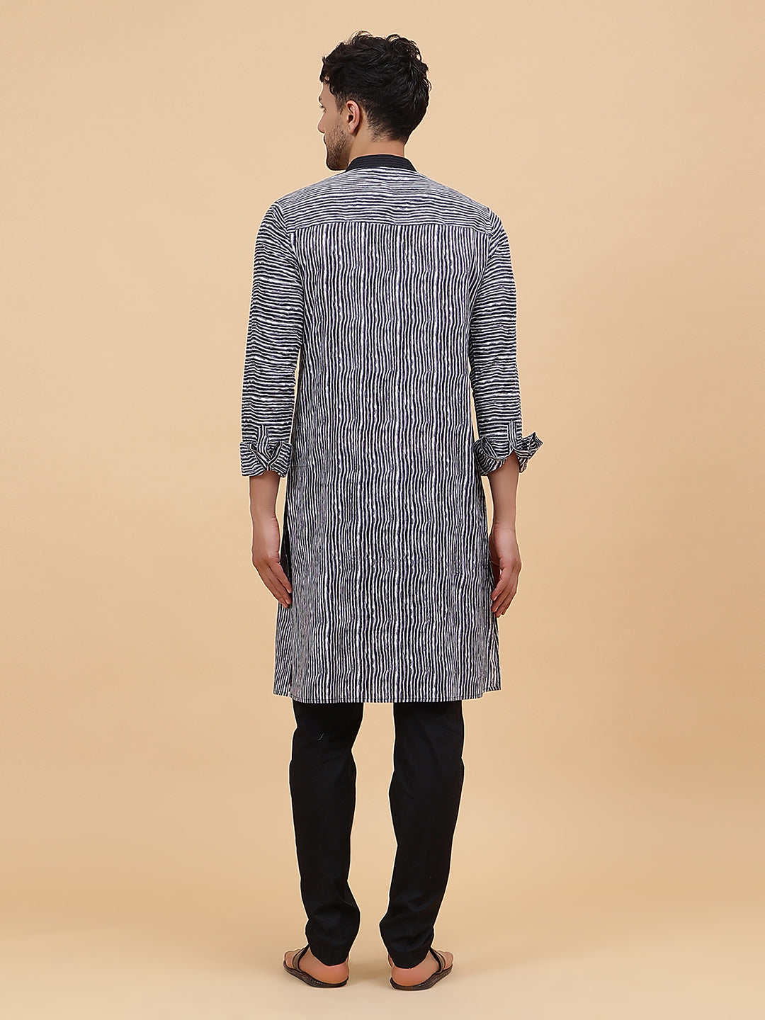 Men Black & White Pure Cotton Thread Work Straight Kurta With pyjama