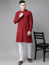 Men Maroon Floral Embroidered Sequin Rayon Kurta