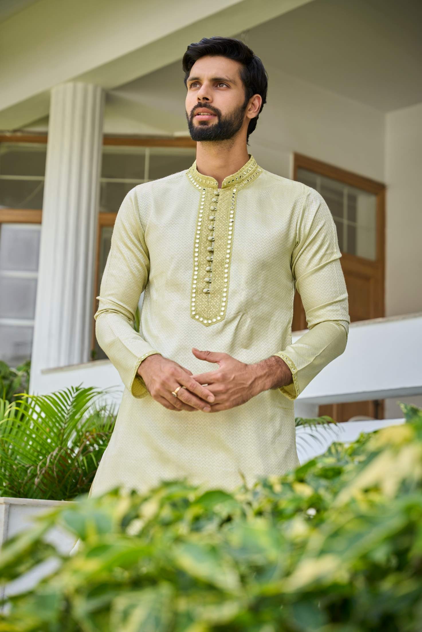 Men Olive Thread Work Yoke Design Kurta