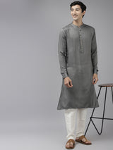 Men Grey & Beige Toned Woven Design Thread Work Kurta