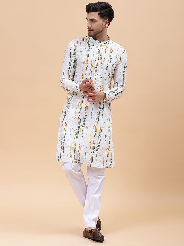 Men White & Mustard Pure Cotton Printed Straight Kurta With pyjama