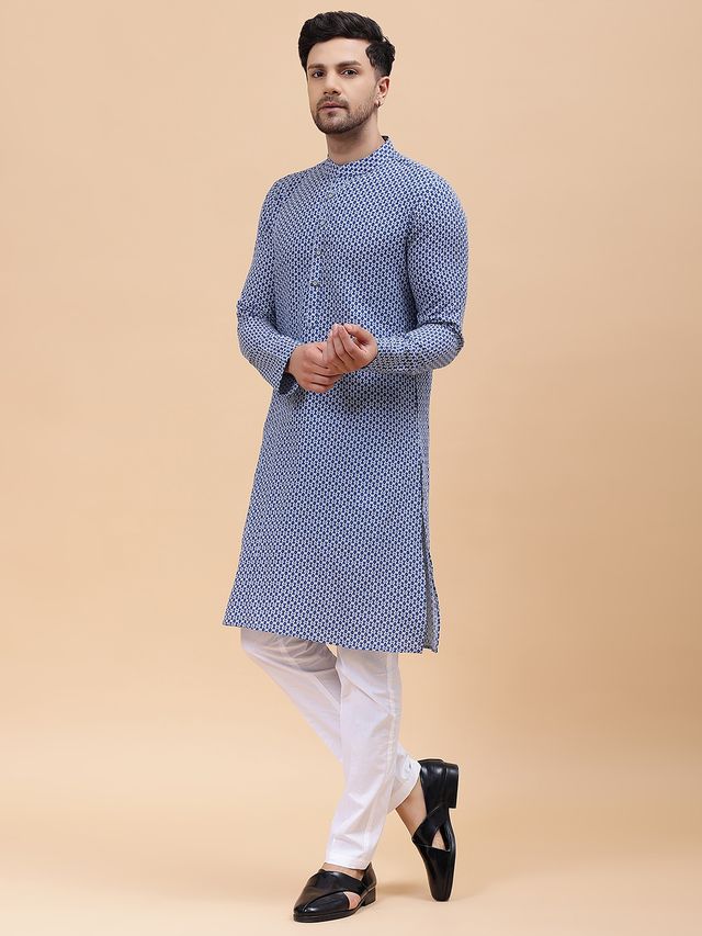 Men Blue & Grey Pure Cotton Printed Straight Kurta With pyjama