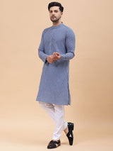 Men Blue & Grey Pure Cotton Printed Straight Kurta With pyjama