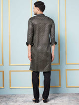 Men Black & Green Woven Design Thread Work Kurta With Pajama