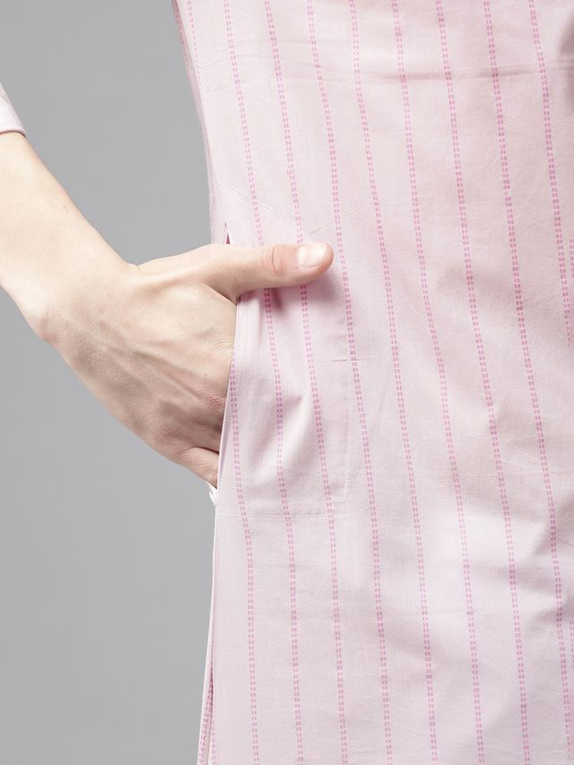 Men Pink & Maroon Stripe Printed Straight Kurta With Pyjama