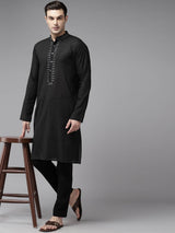 Men Black & Silver Silk Woven Design Straight Kurta With Pajama