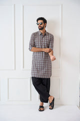 Men Midnight Blue and Crimson Pure Cotton Pathani Kurta