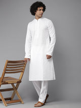 Men Crisp White with Leafy Embroidery Chikankari Straight Kurta With Pajama