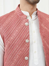 Men Burgundy Color Woven Design Embroidery Cotton Nehru Jacket