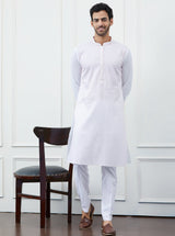 Men White & Pink Thread Work Kurta