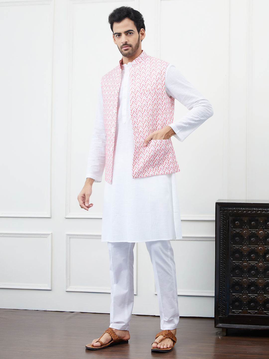 Men White And Pink Color Woven Design Chikankari Embroidery Cotton Nehru Jacket