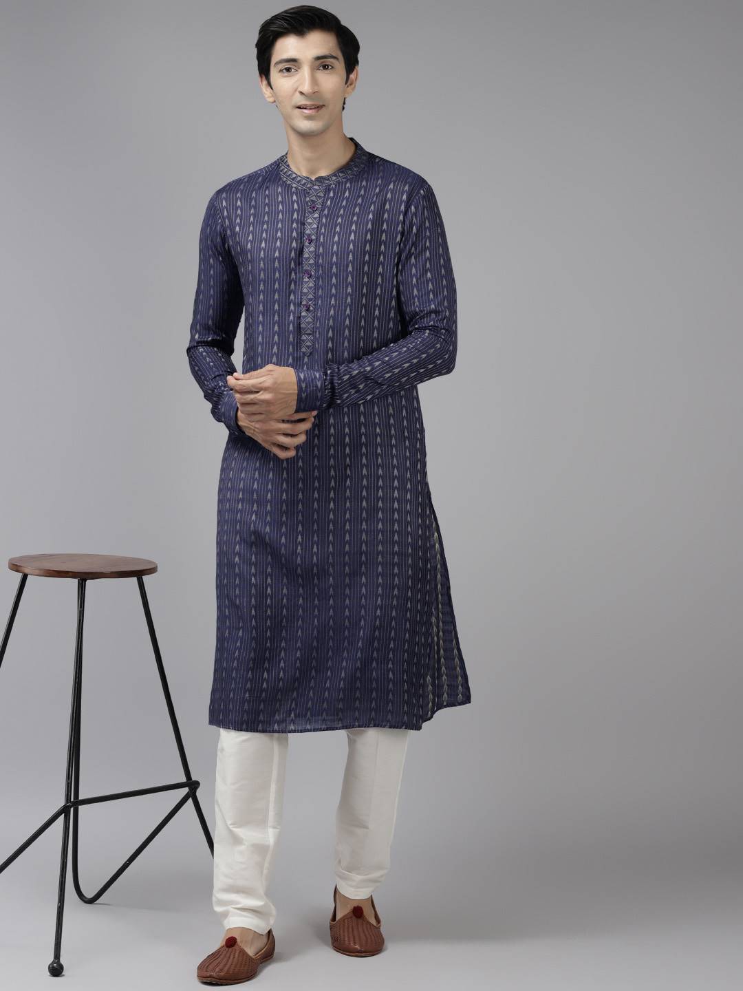 Men Blue & Beige Woven Design Thread Work Kurta