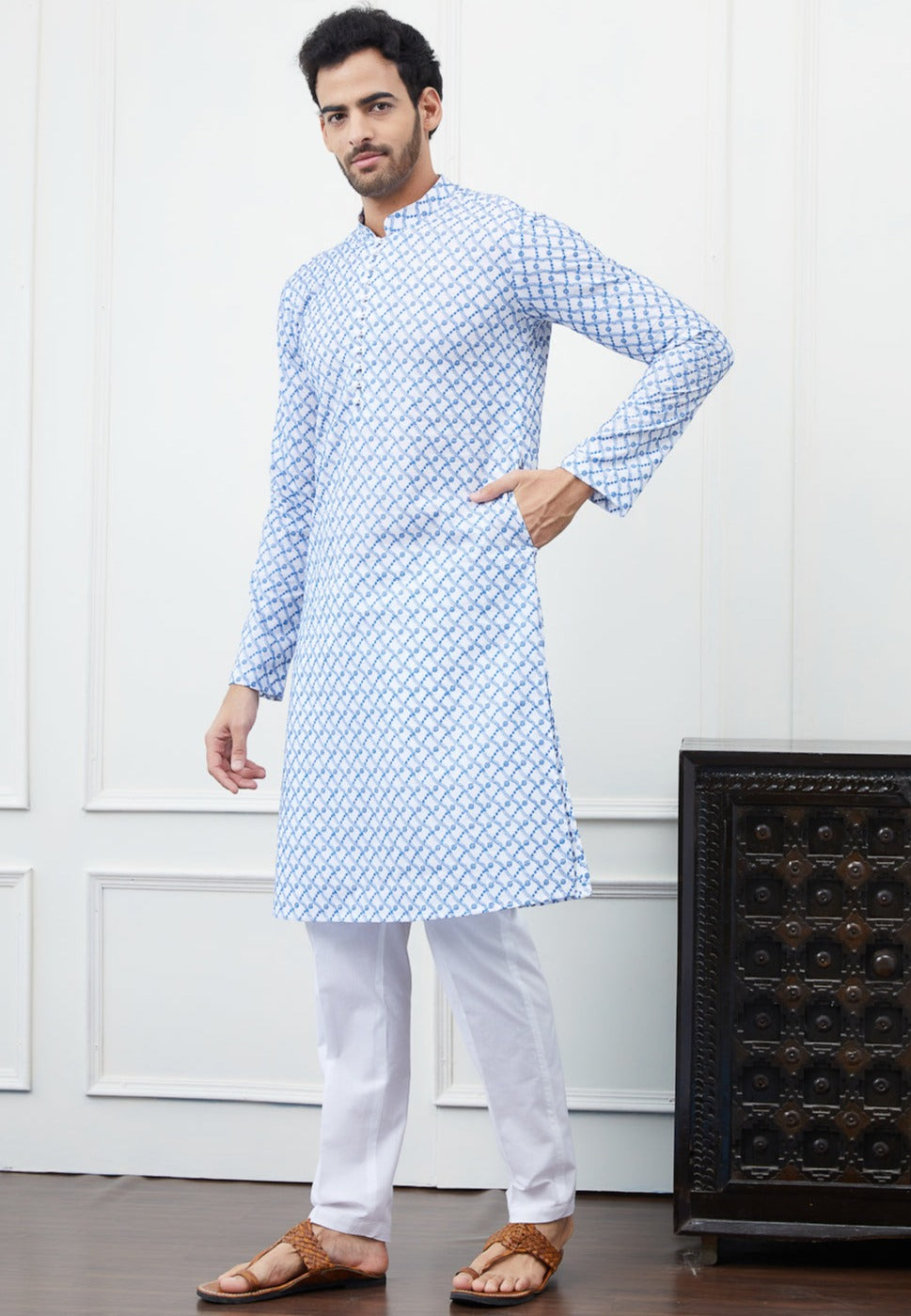 Men White And Blue Cross Pattern Chikankari Embroidered Cotton Kurta