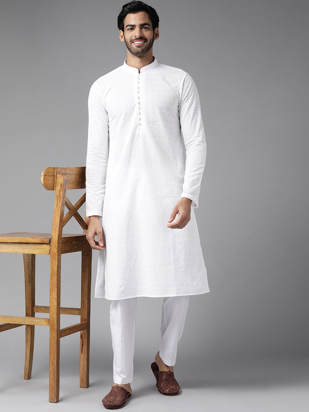 Men Snow White Chikankari Embroidered Straight Kurta With Pajama