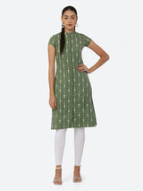 Women Green & White Khari Print Straight Kurti