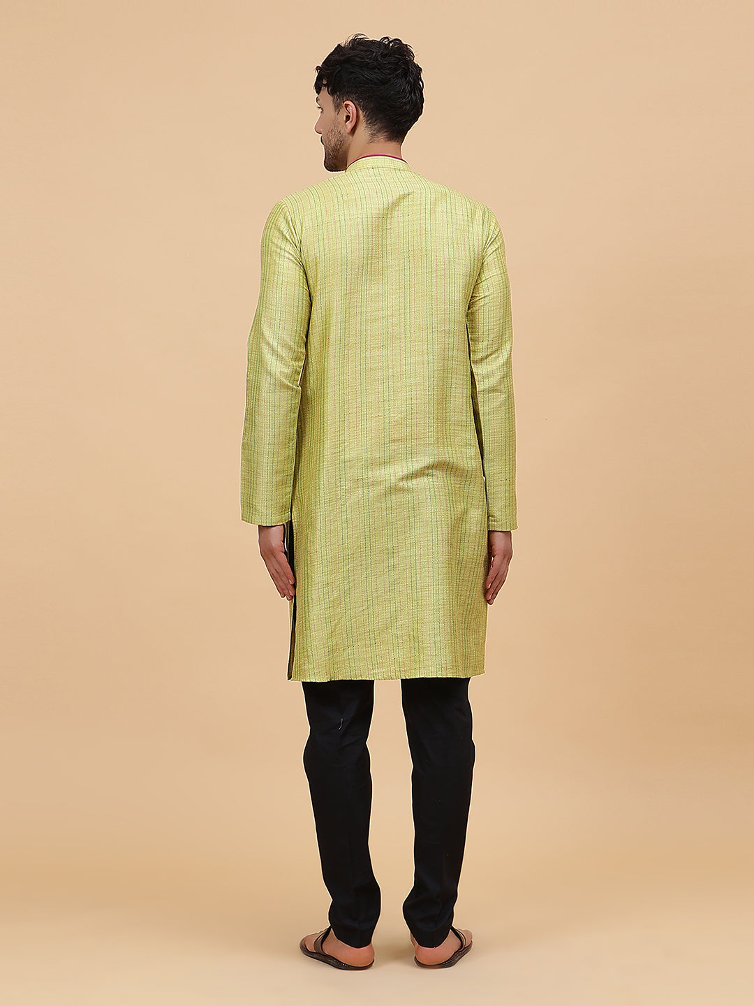 Men Lime Green Silk Woven Design Straight Kurta With pyjama