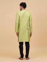 Men Lime Green Silk Woven Design Straight Kurta With pyjama