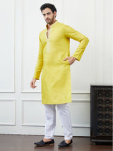 Men Mustard & Yellow Thread Work Yoke Design Cotton Kurta