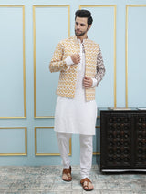 Men Off White And Yellow Color Printed Cotton Nehru Jacket