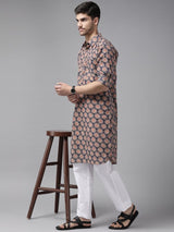 Men Blue Regular Pure Cotton Pathani Printed Men's Kurta With White Salwar