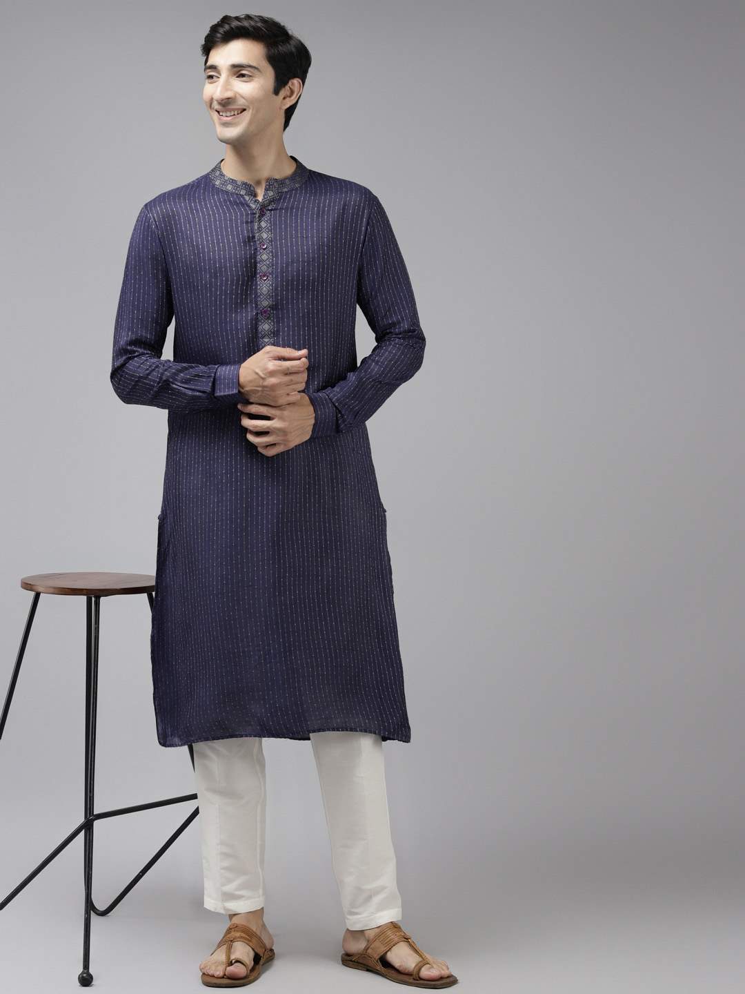 Men Blue & Beige Toned  Woven Design Thread Work Kurta