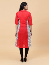 Women Red Princess Panel Side Floral Print Cotton Kurti