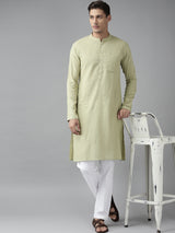 Men Green Cotton Straight Kurta with Slub Effect With Pajama