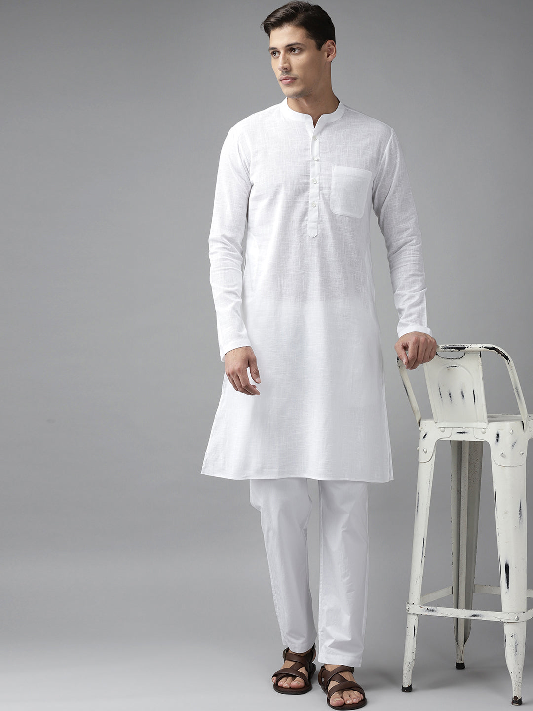 Men White Cotton Straight Kurta with Slub Effect With Pajama