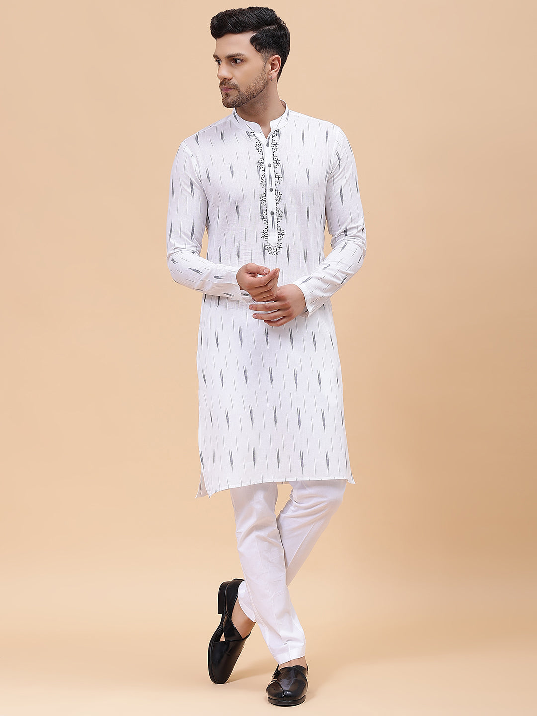 Men White & Black Pure Cotton Embroidered Straight Kurta