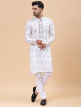 Men White & Black Pure Cotton Embroidered Straight Kurta
