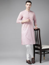 Riwaat.com Men Pink & Maroon Stripe Printed Straight Kurta Riwaat Printed