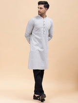 Men Silver & Black Pure Cotton Printed Straight Kurta With Pajama