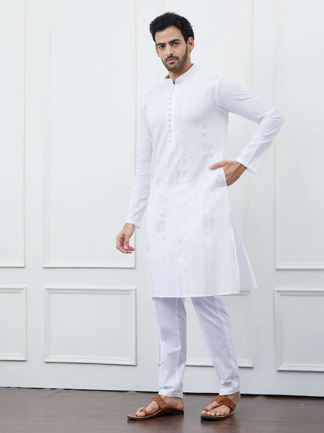 Men White Cotton Silver Thread Work & Sequence Kurta