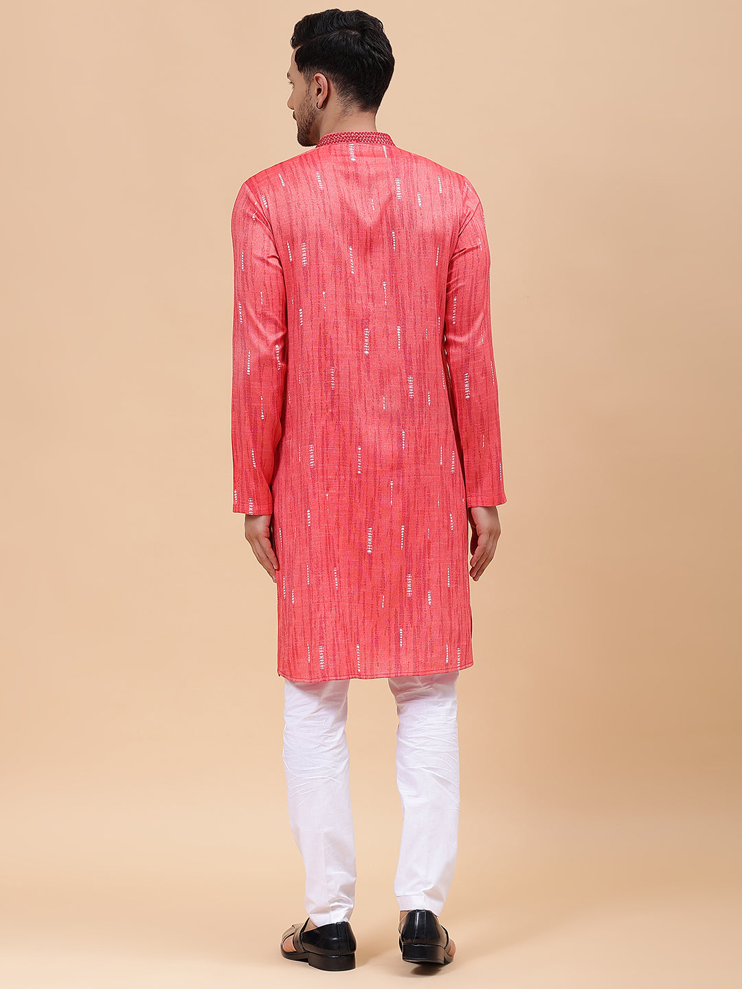 Men Pink & White Silk Woven Design Straight Kurta