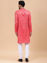 Men Pink & White Silk Woven Design Straight Kurta