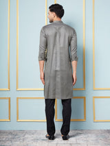 Men Charcoal & Gold Woven Design Thread Work Kurta With pyjama