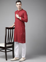 Riwaat.com Men Maroon & Gold Printed Straight Kurta With Pajama Riwaat Bundi Printed