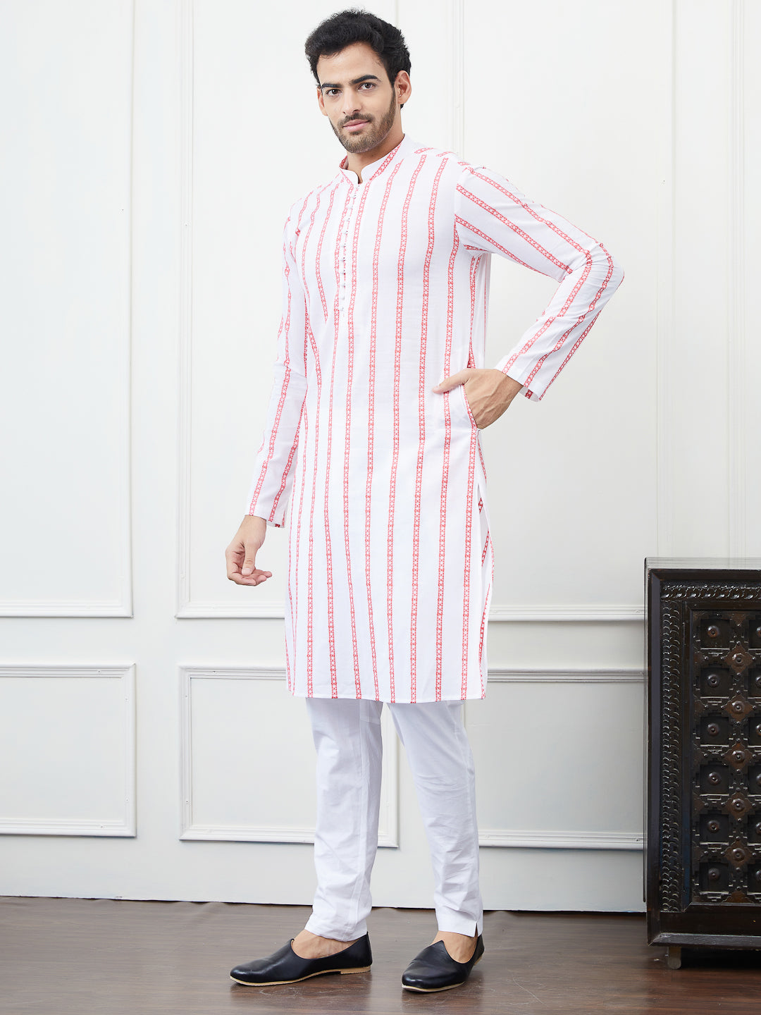 Men White And Orange Chikankari Embroidered Cotton Kurta