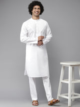 Men White Regal Yoke Design Straight Kurta With Pajama