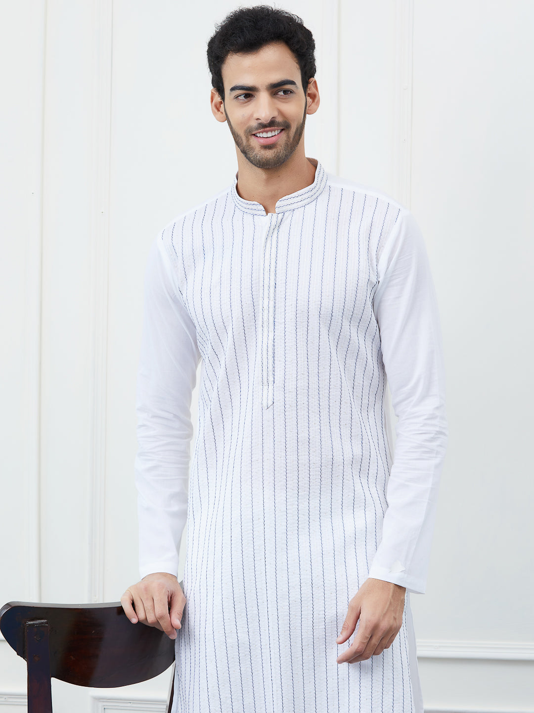 Men White Cotton Blue Thread Work & Sequence Kurta