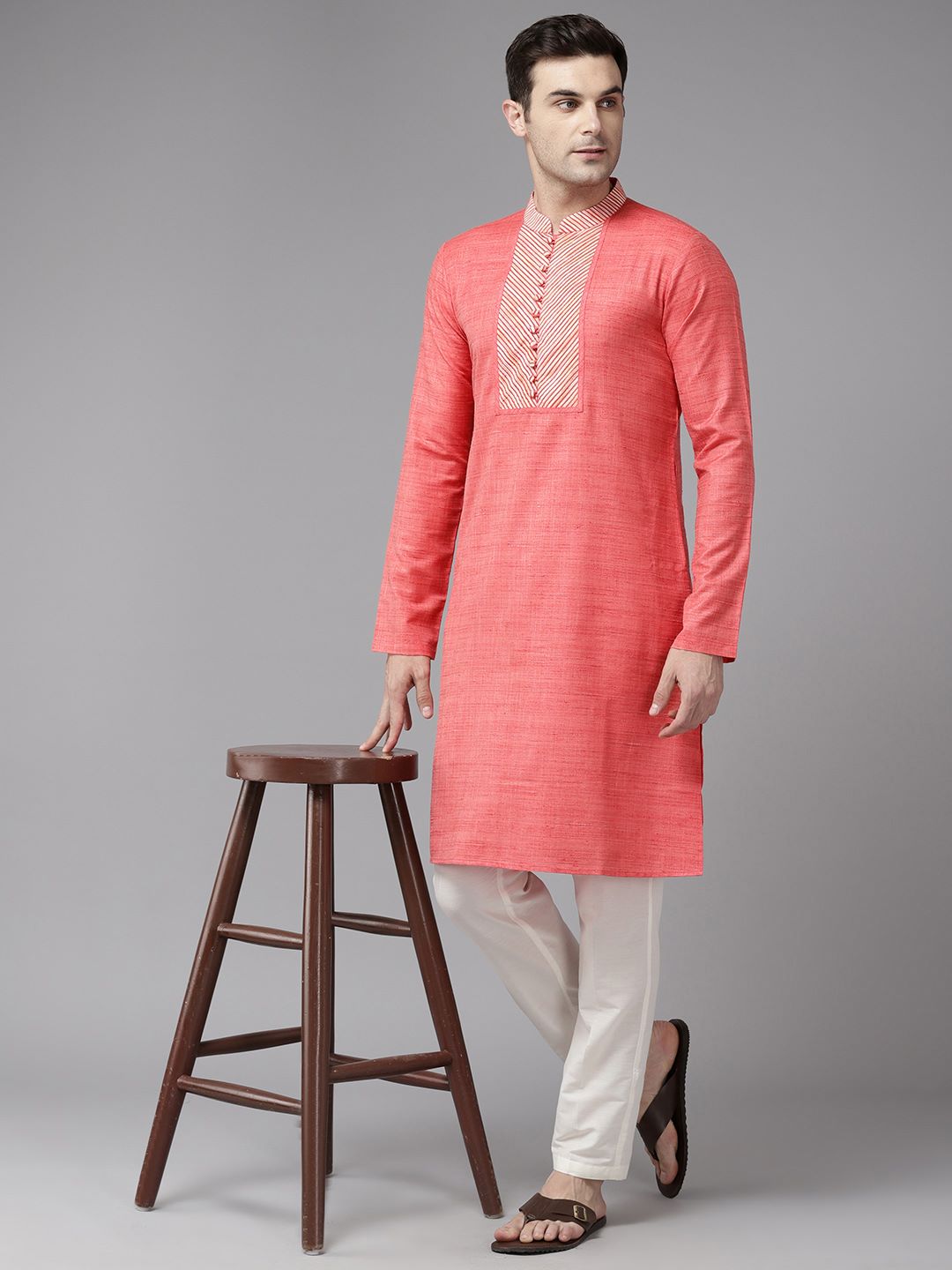 Men Coral Red with Striped Accents Silk Woven Design Straight Kurta With Pajama