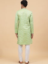 Riwaat.com Men Lime Green Silk Woven Design Straight Kurta Riwaat Mehendi Silk Woven Design