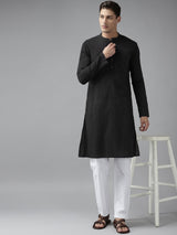 Men Black Cotton Straight Kurta with Slub Effect With Pajama