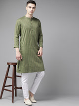 Riwaat.com Men Green & Gold Stripe Printed Straight Kurta With Pajama Riwaat Mehendi Printed