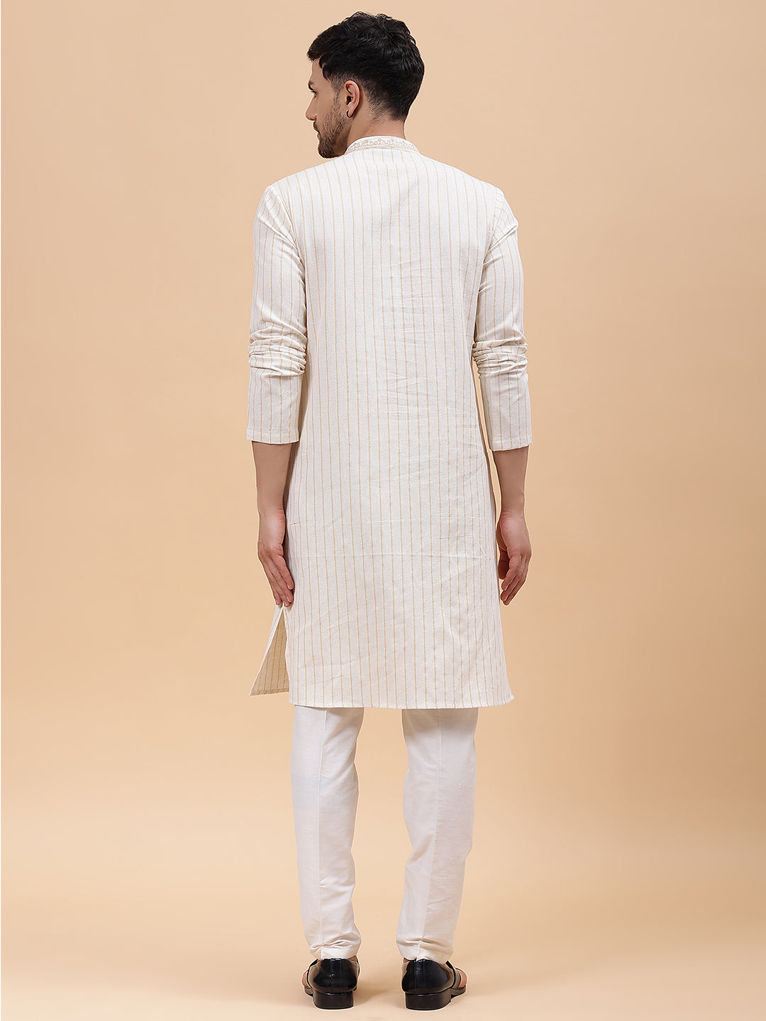 Men Beige & Gold Silk Woven Design Straight Kurta With pyjama