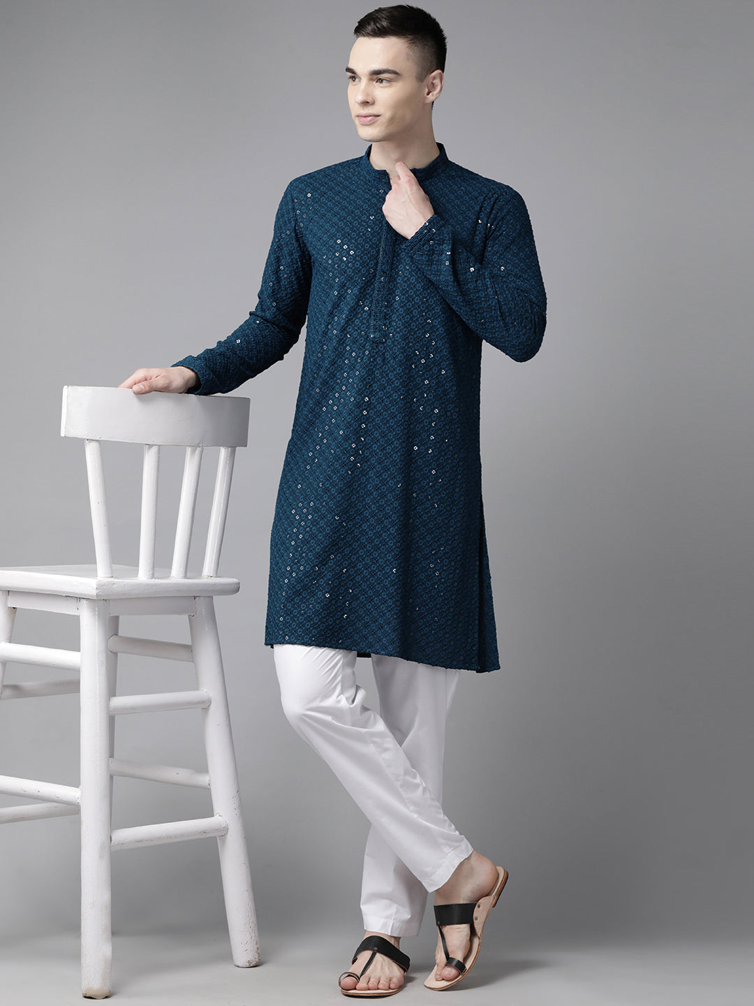 Men Teal Blue Floral Embroidered Sequins Rayon Kurta With pyjama