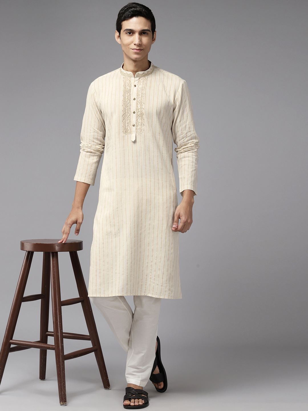 Men Beige & Gold Silk Woven Design Straight Kurta With Pajama