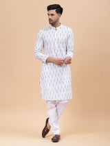 Men White & Grey Pure Cotton Printed Straight Kurta With pyjama