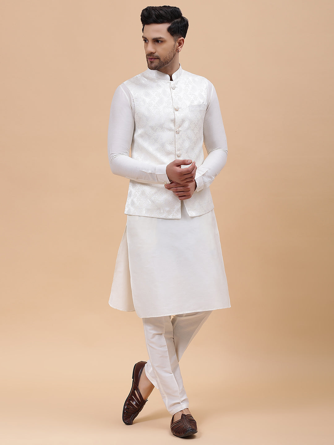 Riwaat.com Men Off White Kurta Pajama & Gold Woven Design Jacquard Nehru jacket Riwaat Indo Western